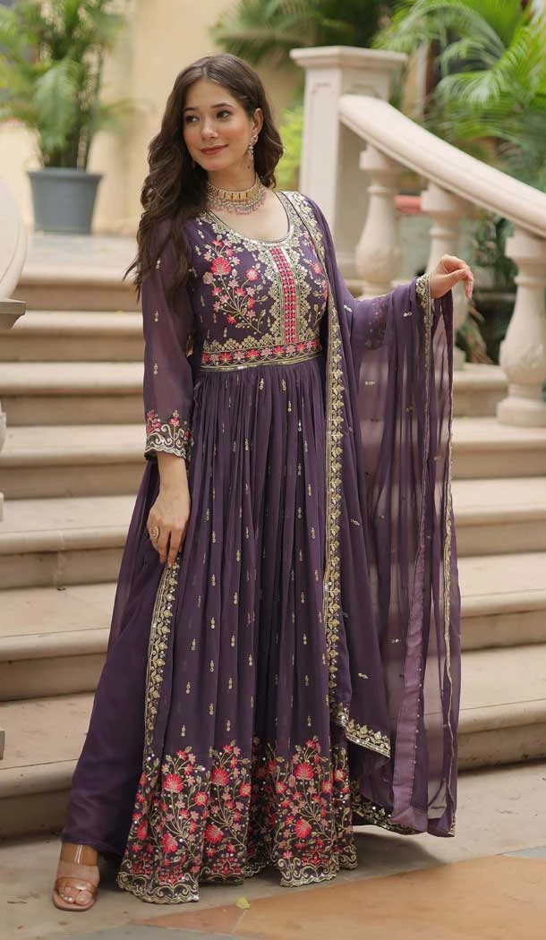 Onion Pink Faux Georgette Sequins Embroidered Anarkali Salwar Suit - 11491201308