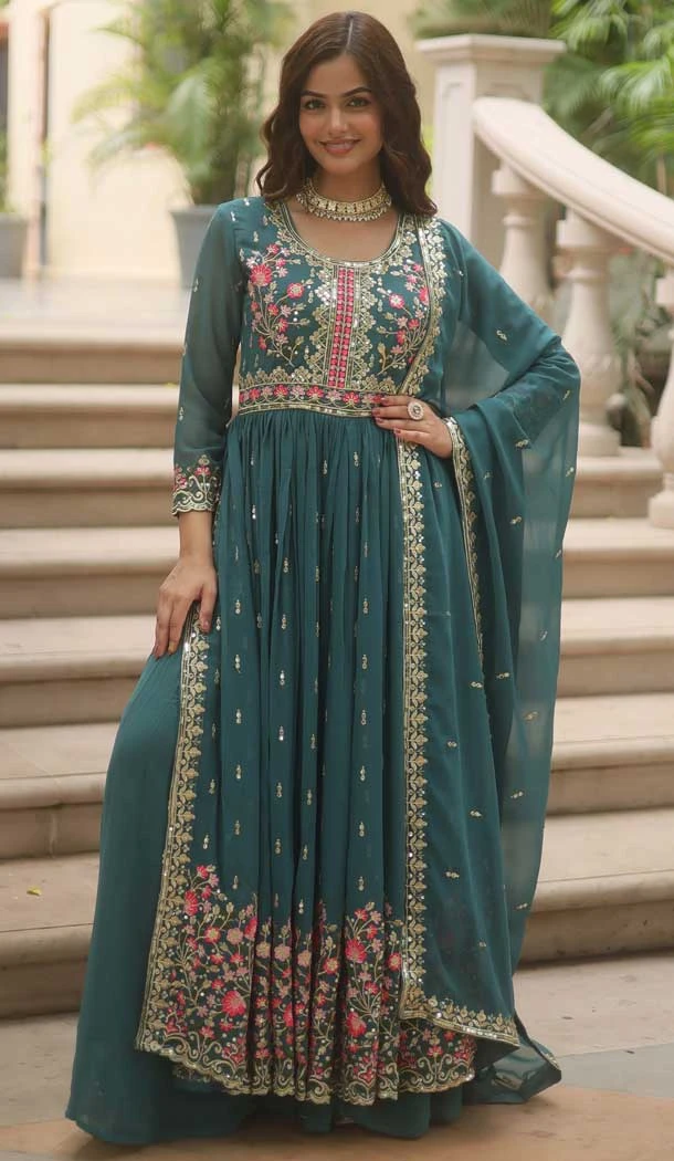 Rama Blue Faux Georgette Sequins Embroidered Anarkali Salwar Suit - 11491201309