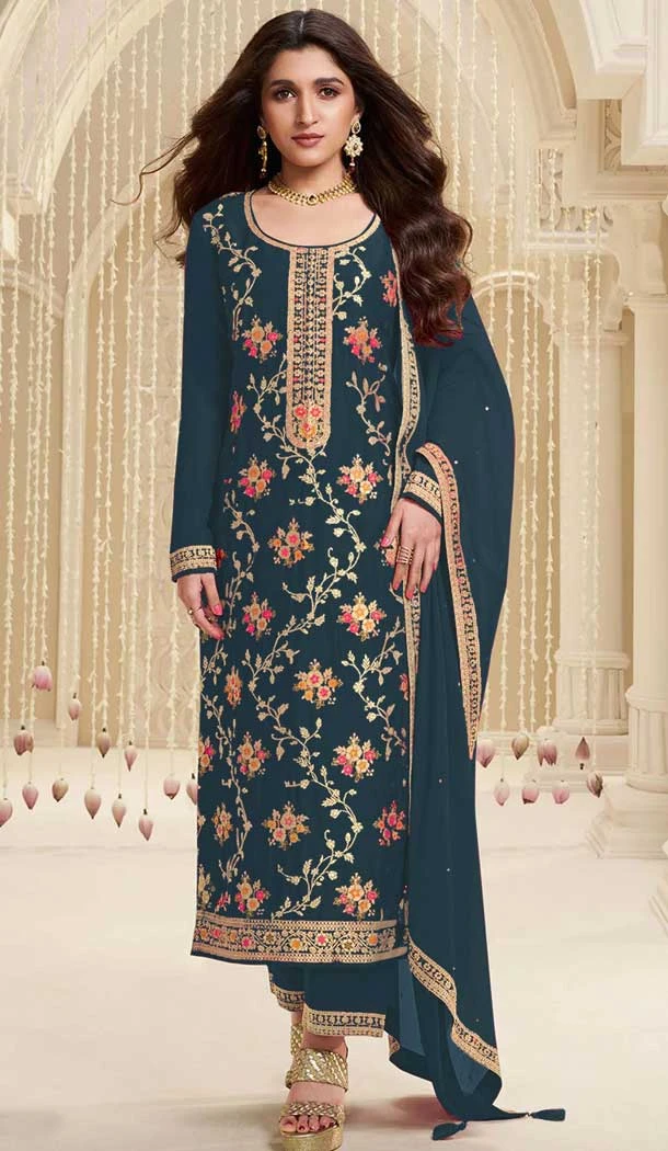 Viscose Jacquard Embroidered Party Wear Salwar Suit In Teal Blue - 11386200582