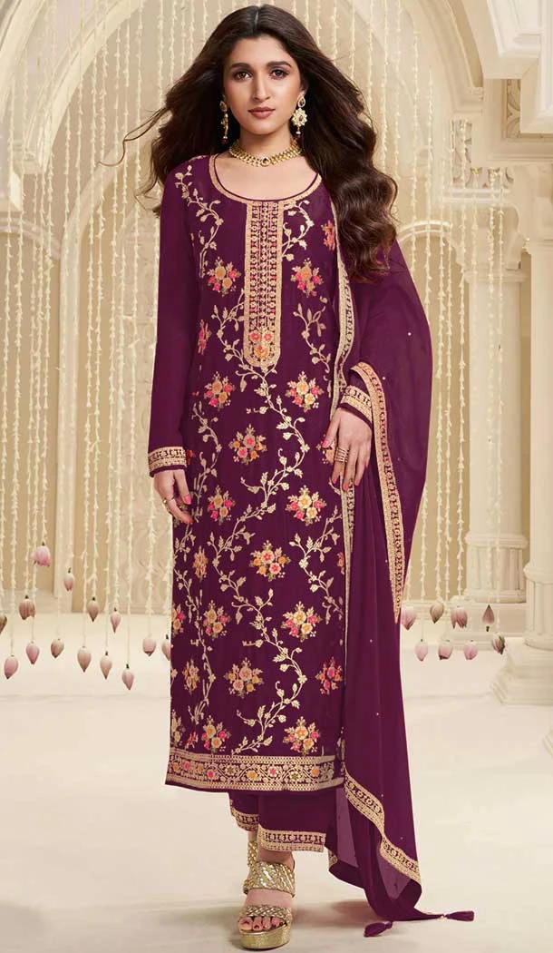 Viscose Jacquard Embroidered Party Wear Salwar Suit In Wine - 11386200583