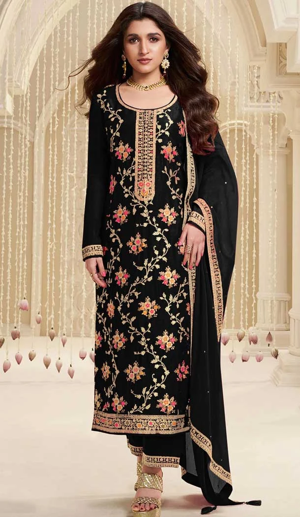 Viscose Jacquard Embroidered Party Wear Salwar Suit In Black - 11386200585