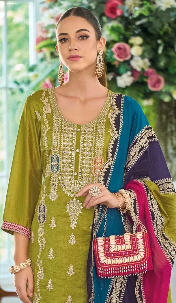 Mehendi Green Chinon Silk Embroidered Party Wear Palazzo Salwar Suit - 11388200588