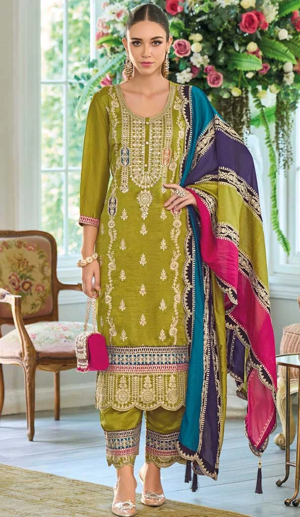 Mehendi Green Chinon Silk Embroidered Party Wear Palazzo Salwar Suit - 11388200588