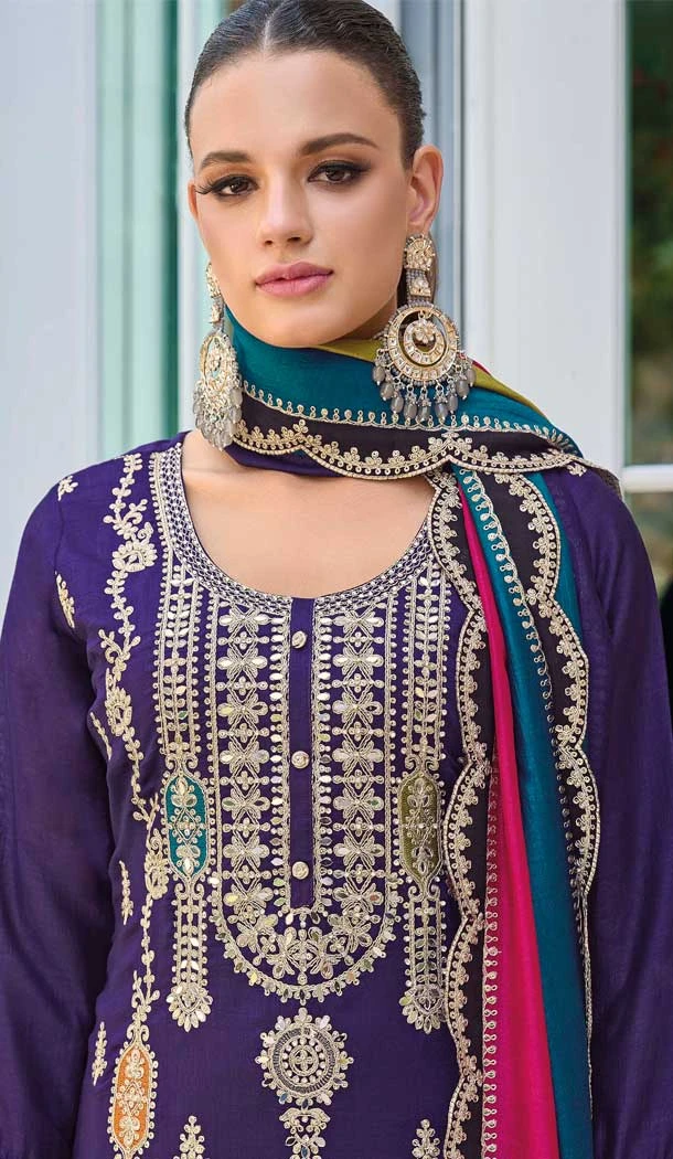 Purple Chinon Silk Embroidered Party Wear Palazzo Salwar Suit - 11388200589