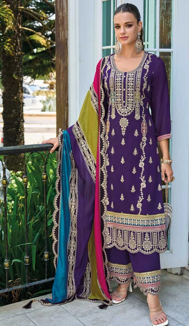 Purple Chinon Silk Embroidered Party Wear Palazzo Salwar Suit - 11388200589