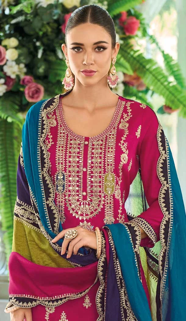 Rani Pink Chinon Silk Embroidered Party Wear Palazzo Salwar Suit - 11388200590