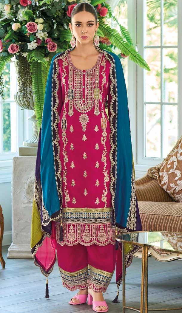 Rani Pink Chinon Silk Embroidered Party Wear Palazzo Salwar Suit - 11388200590