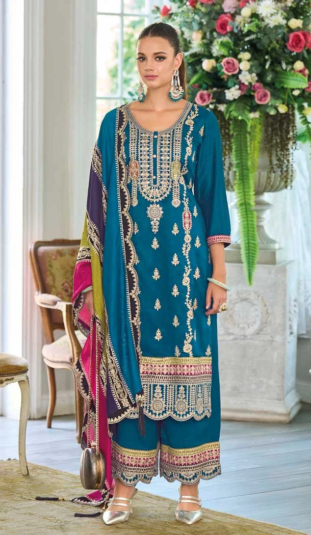 Teal Blue Chinon Silk Embroidered Party Wear Palazzo Salwar Suit - 11388200591
