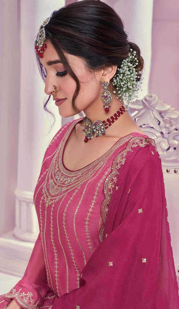 Pink Chinon Embroidery Work Party Wear Sharara Suit - 11472201228