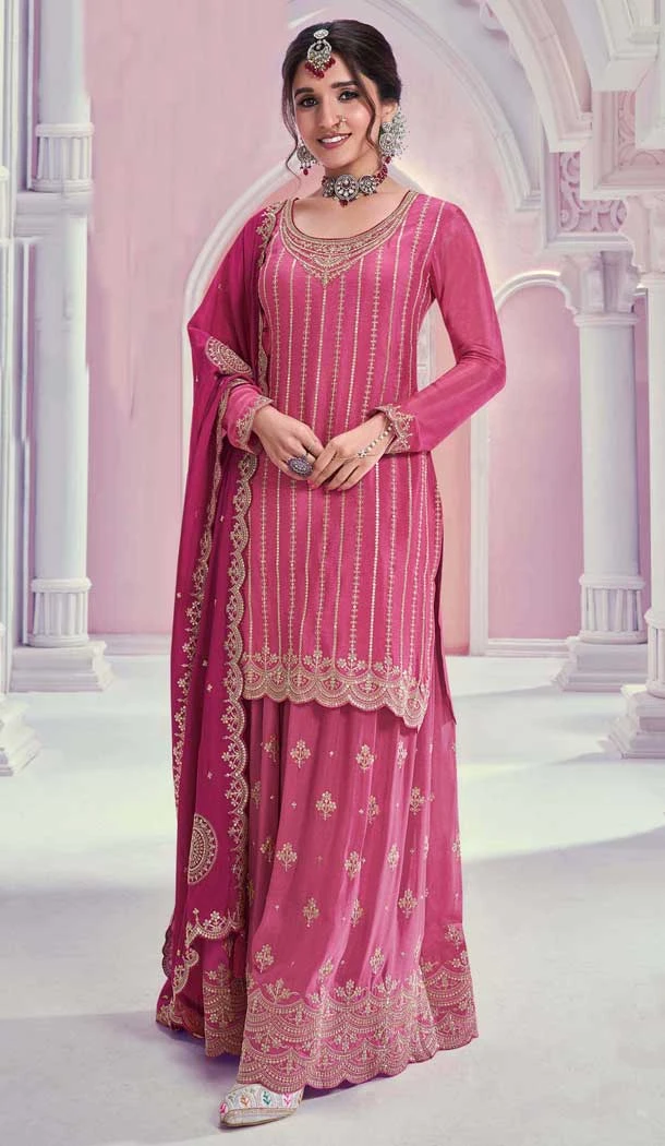 Pink Chinon Embroidery Work Party Wear Sharara Suit - 11472201228