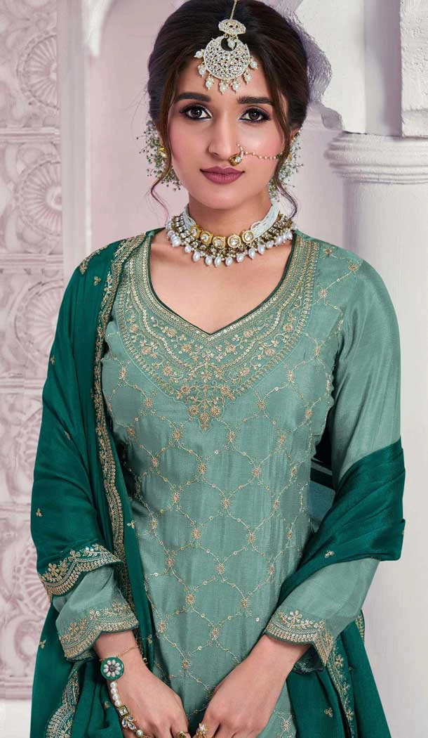 Aqua Blue Chinon Embroidery Work Party Wear Sharara Suit - 11472201229