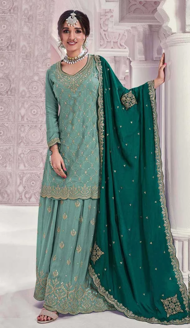 Aqua Blue Chinon Embroidery Work Party Wear Sharara Suit - 11472201229