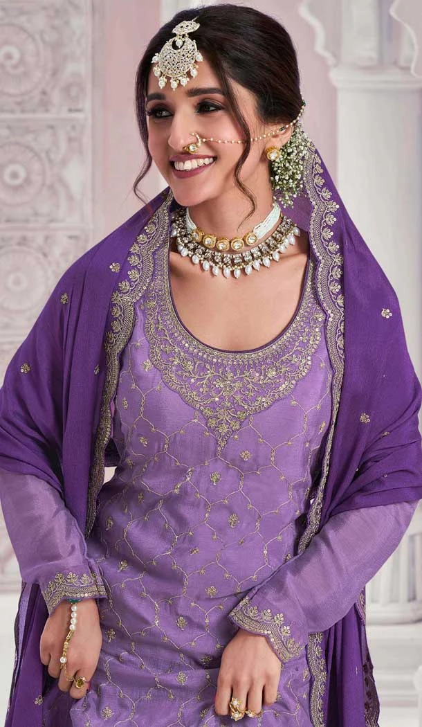 Light Lavender Chinon Embroidery Work Party Wear Sharara Suit - 11472201230