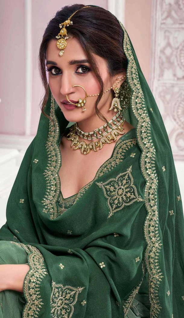 Dark Pista Green Chinon Embroidery Work Party Wear Sharara Suit - 11472201231