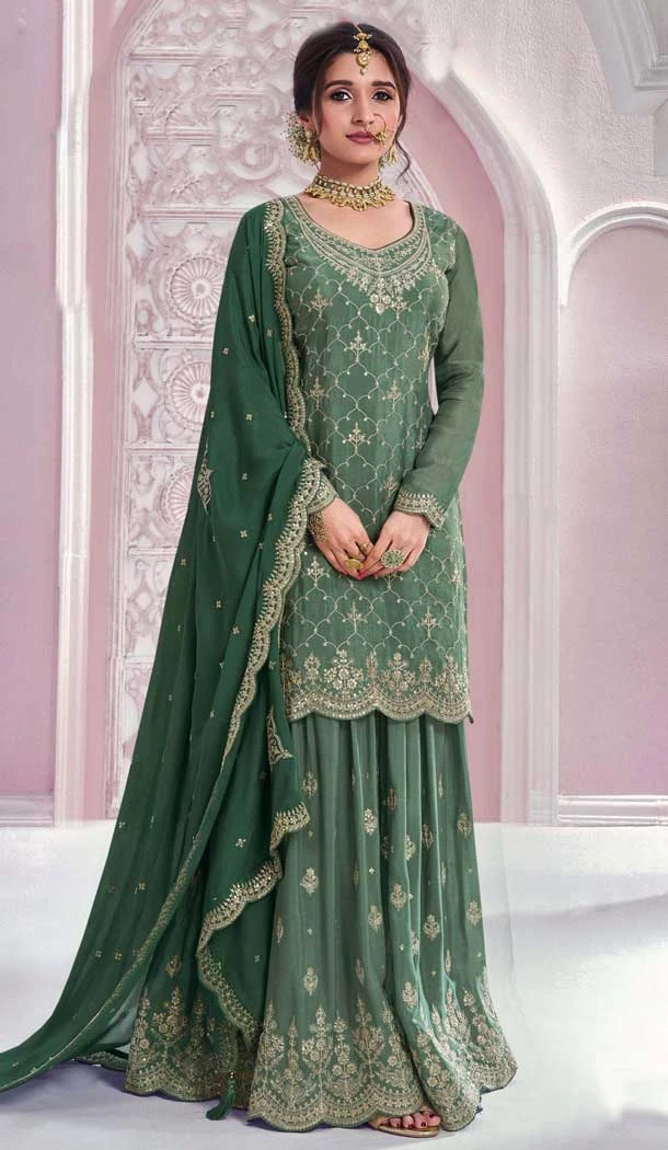 Dark Pista Green Chinon Embroidery Work Party Wear Sharara Suit - 11472201231