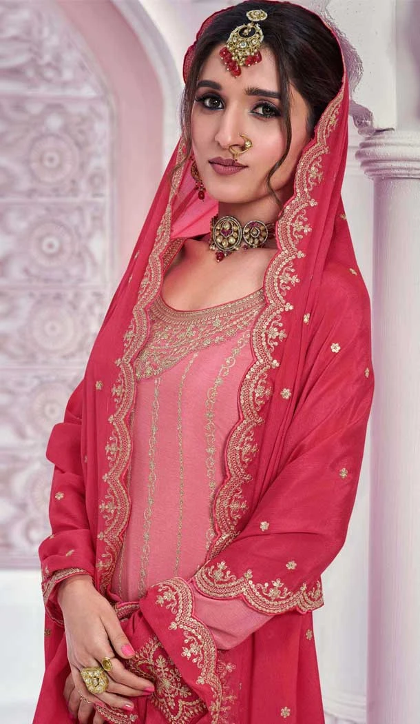 Chinon Embroidery Work Party Wear Sharara Suit In Pink - 11472201232