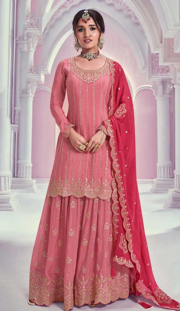 Chinon Embroidery Work Party Wear Sharara Suit In Pink - 11472201232