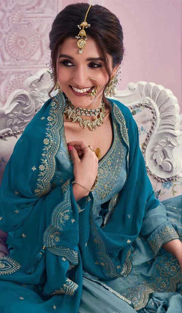 Aqua Blue Chinon Embroidery Work Party Wear Sharara Suit - 11472201233
