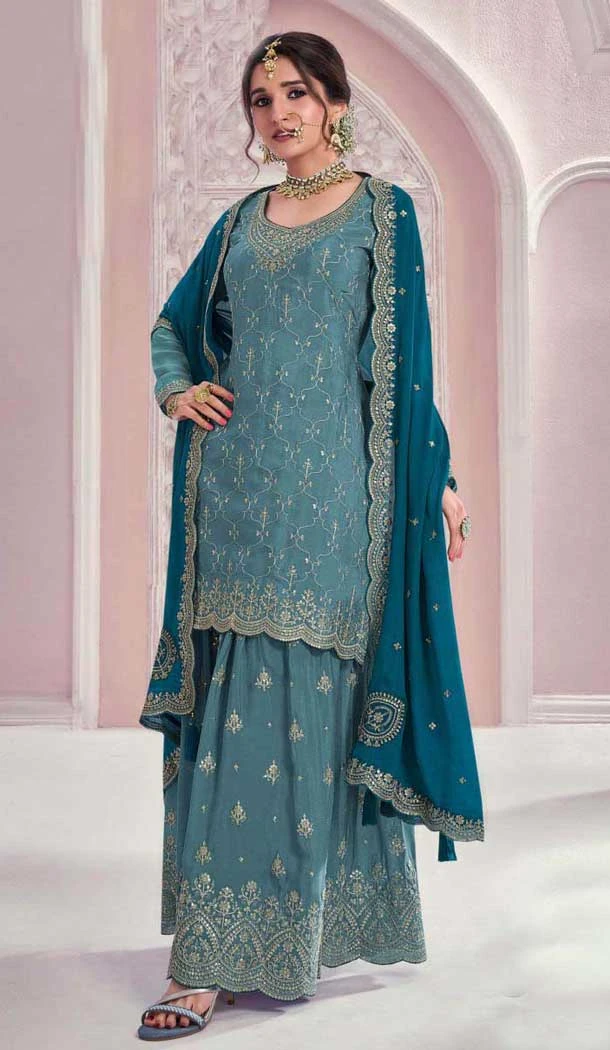 Aqua Blue Chinon Embroidery Work Party Wear Sharara Suit - 11472201233