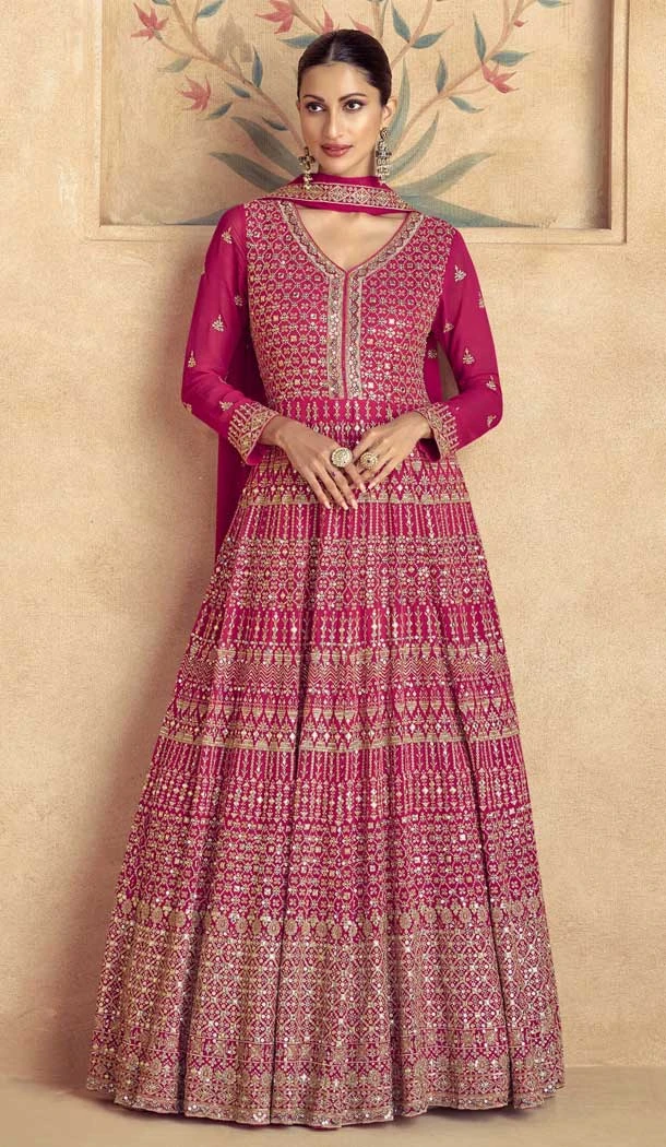 Georgette Zari Work Designer Wear Anarkali Suit In Rani Pink - 11486201274