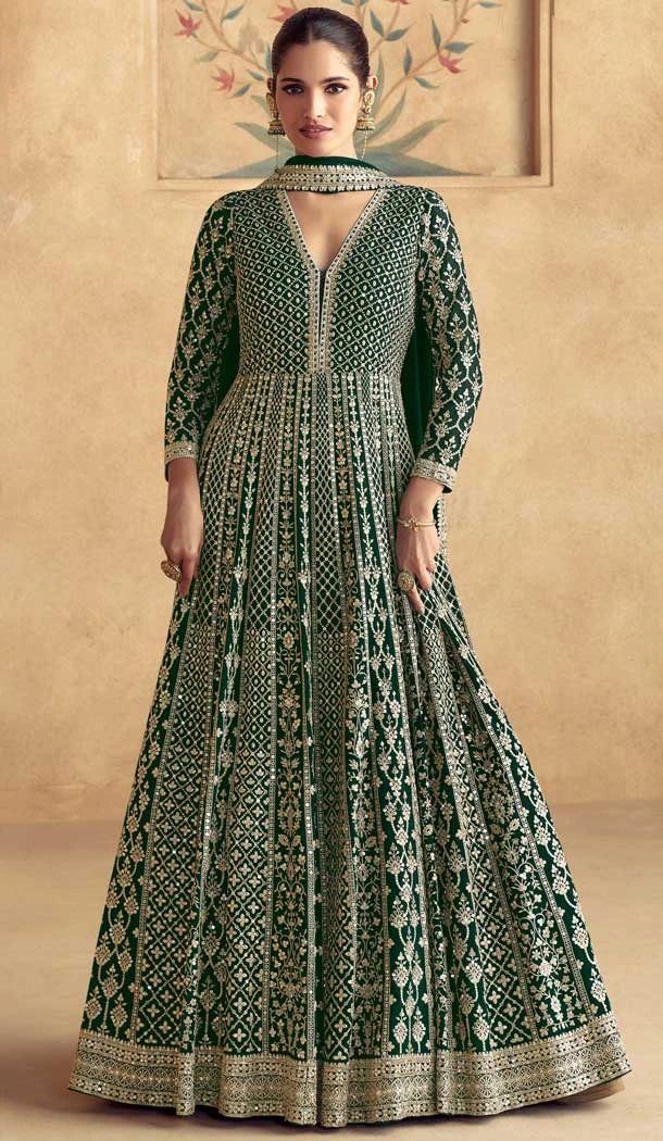 Georgette Zari Work Designer Wear Anarkali Suit In Green - 11486201275