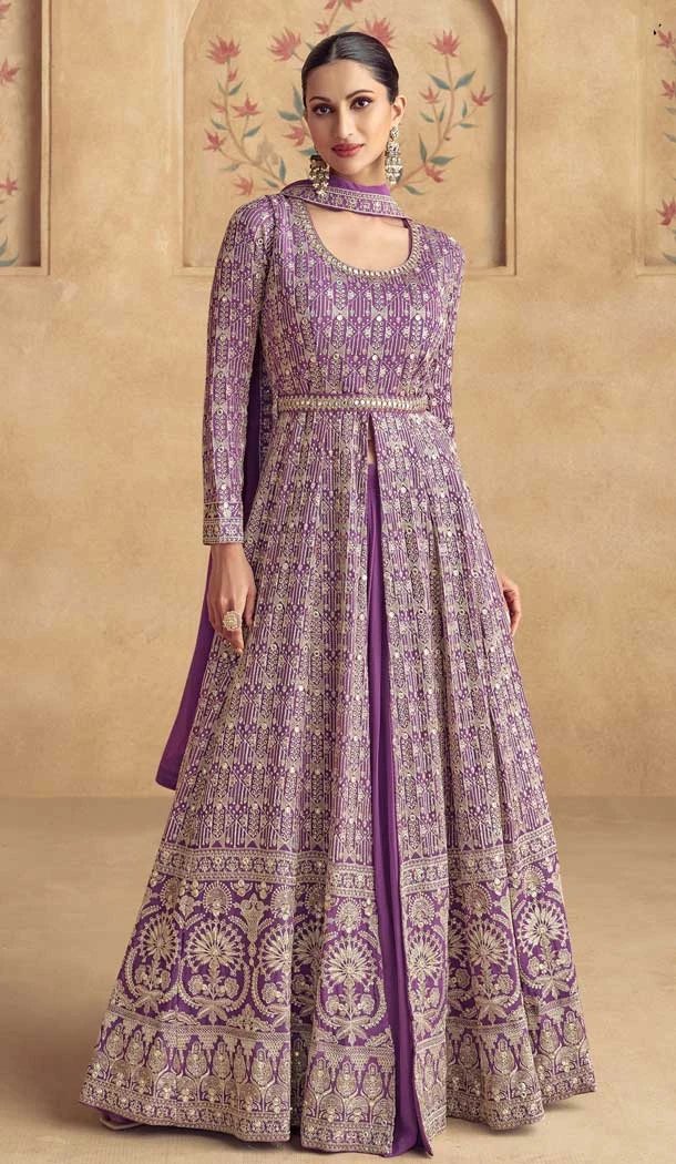 Georgette Zari Work Designer Wear Anarkali Suit In Lavender - 11486201276