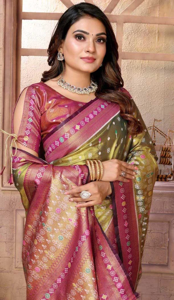 Mehendi Green Banarasi Tissue Silk Jacquard Work Traditional Wear Saree - 11265199984
