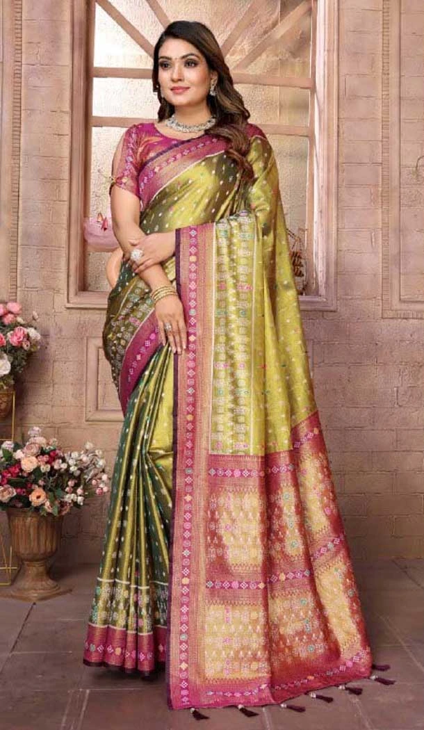 Mehendi Green Banarasi Tissue Silk Jacquard Work Traditional Wear Saree - 11265199984