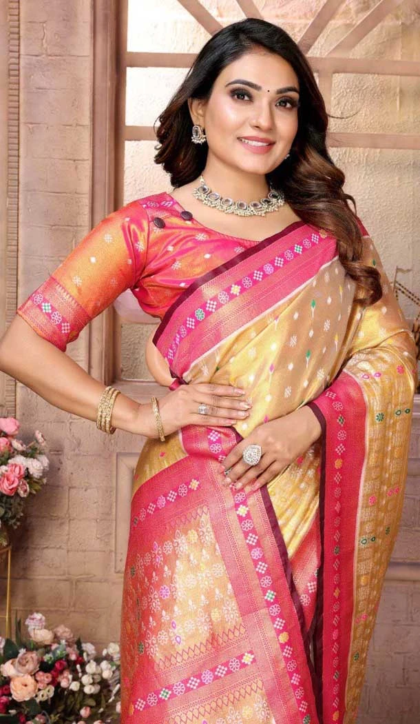 Gold Banarasi Tissue Silk Jacquard Work Traditional Wear Saree - 11265199985