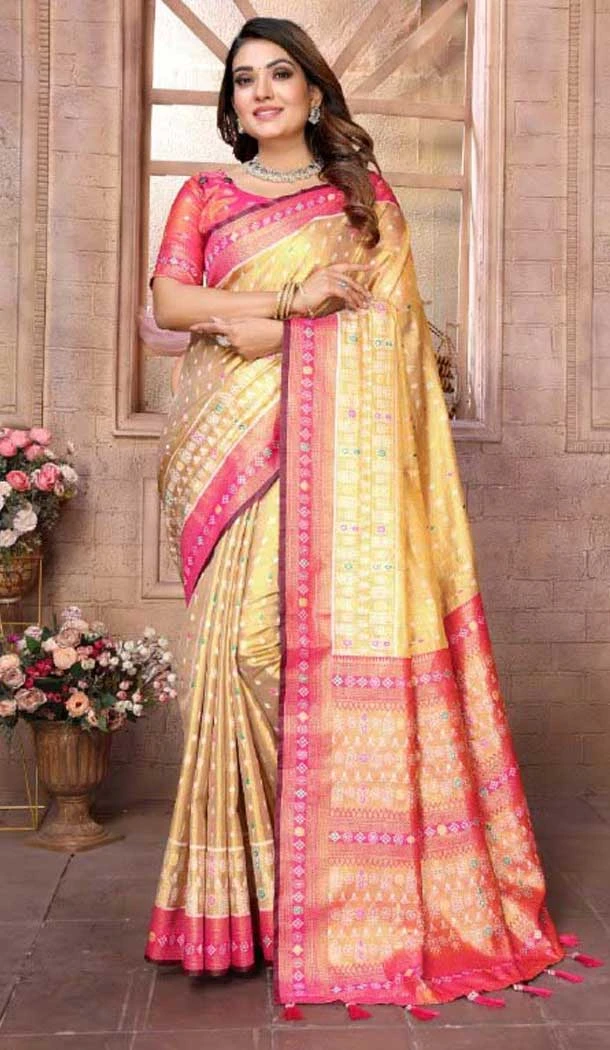 Gold Banarasi Tissue Silk Jacquard Work Traditional Wear Saree - 11265199985