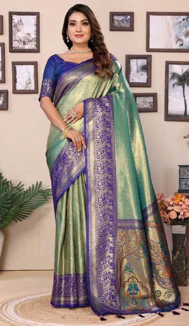 Banarasi Tissue Silk Jacquard Work Ethnic Wear Saree In Sea Green - 11266199988 Banarasi Tissue Silk Jacquard Work Ethnic Wear Saree In Sea Green - 11266199988