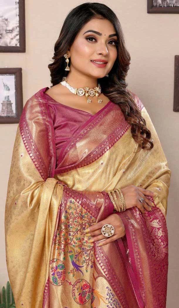 Banarasi Tissue Silk Jacquard Work Ethnic Wear Saree In Cream - 11266199989 Banarasi Tissue Silk Jacquard Work Ethnic Wear Saree In Cream - 11266199989