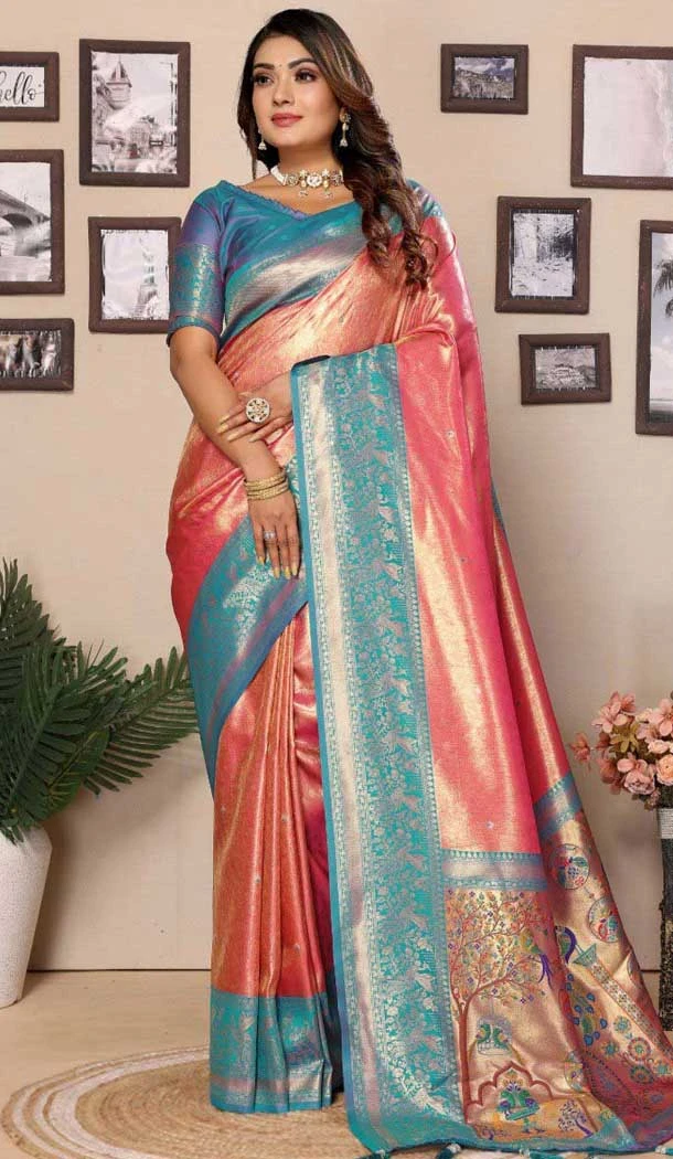 Banarasi Tissue Silk Jacquard Work Ethnic Wear Saree In Dark Peach - 11266199990