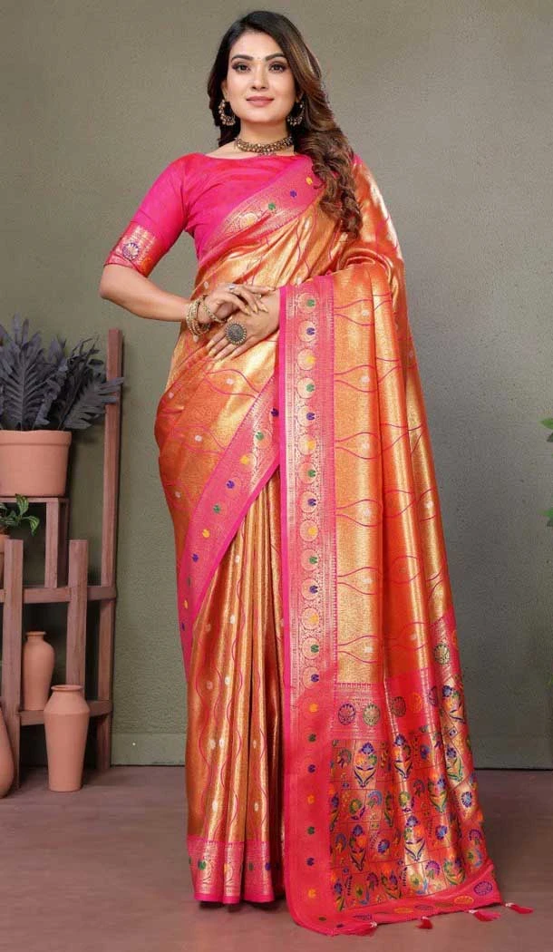 Orange Banarasi Tissue Silk Jacquard Work Ethnic Wear Saree - 11268200001