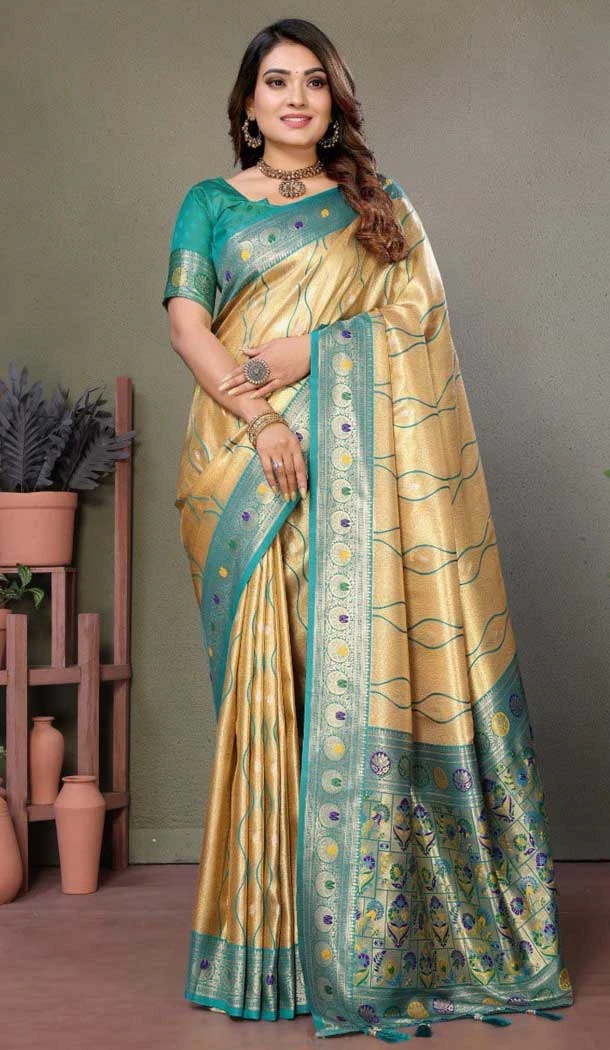 Cream Banarasi Tissue Silk Jacquard Work Ethnic Wear Saree - 11268200003