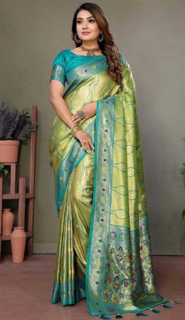 Light Green Banarasi Tissue Silk Jacquard Work Ethnic Wear Saree - 11268200006