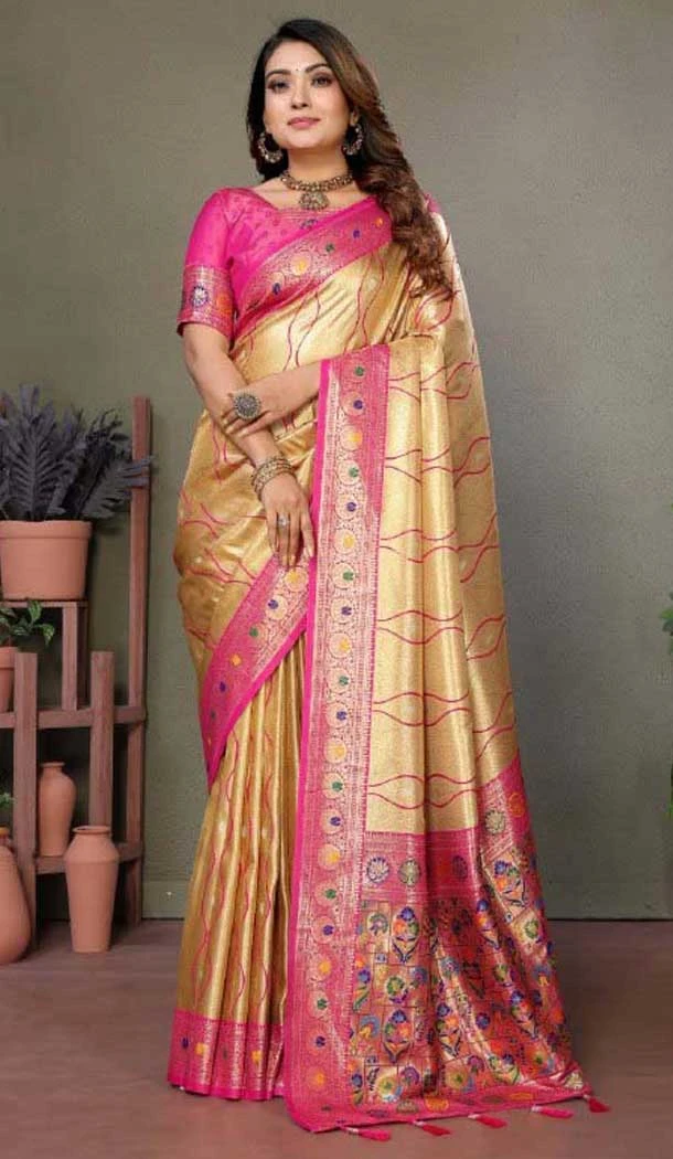 Dark Beige Banarasi Tissue Silk Jacquard Work Ethnic Wear Saree - 11268200007