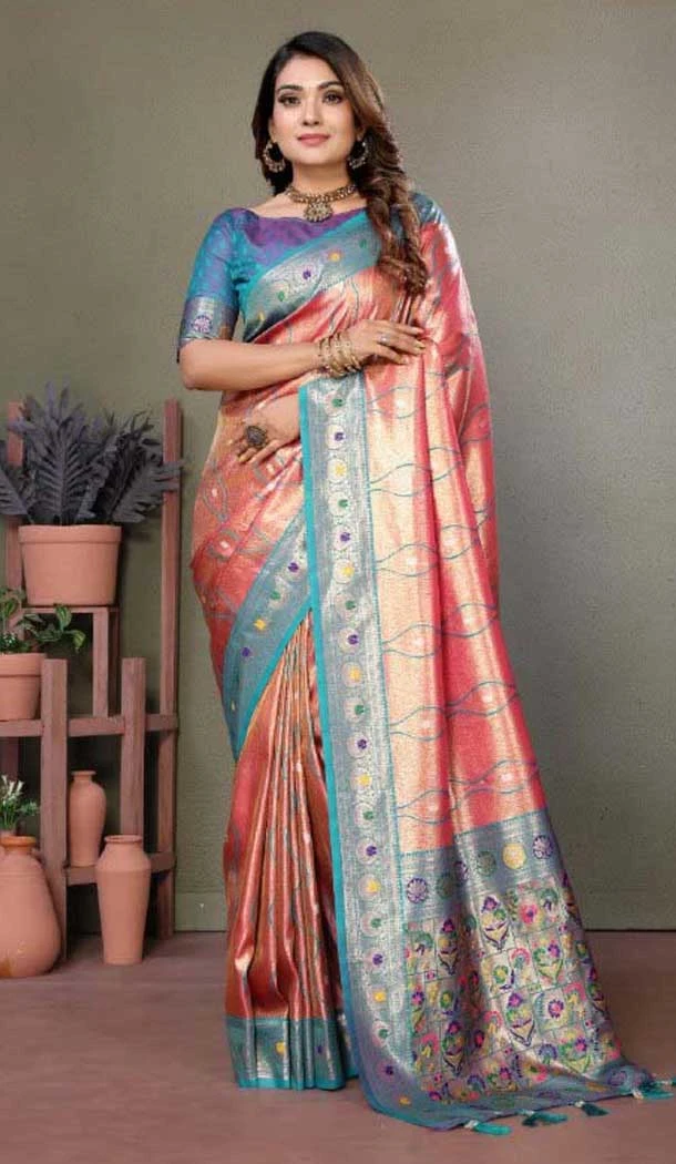 Pink Banarasi Tissue Silk Jacquard Work Ethnic Wear Saree - 11268200009