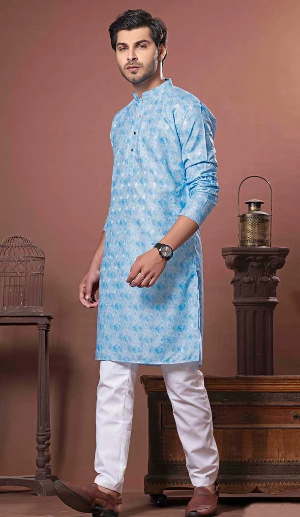 Sky Blue Cotton Digital Print Work Party Wear Men Kurta Pajama - 11468201057