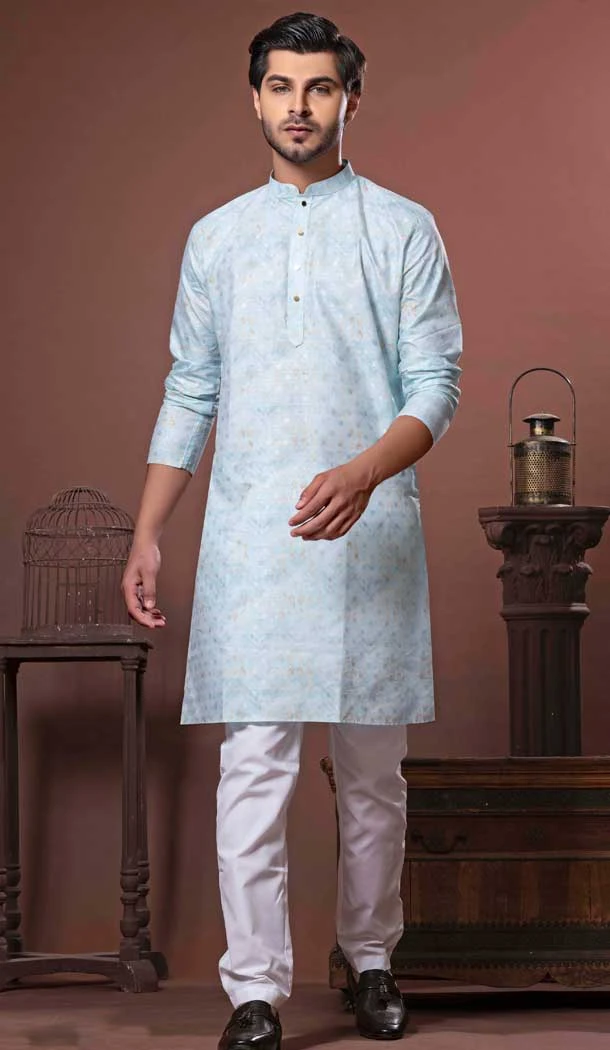 Sea Green Cotton Digital Print Work Party Wear Men Kurta Pajama - 11468201058