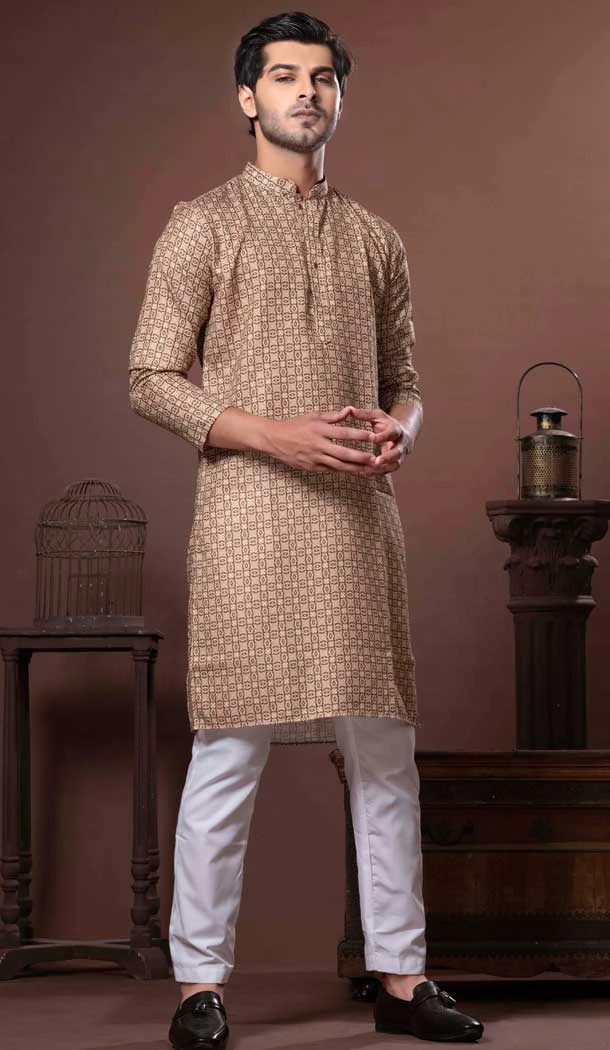 Yellow Cotton Digital Print Work Party Wear Men Kurta Pajama - 11468201061