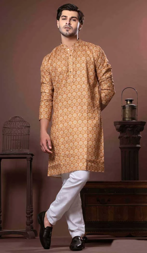 Yellow Soft Cotton Digital Print Work Party Wear Men Kurta Pajama - 11468201063