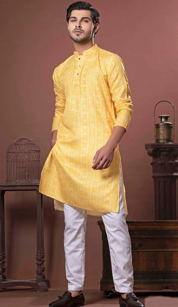 Yellow Digital Print Work Cotton Party Wear Men Kurta Pajama - 11468201065