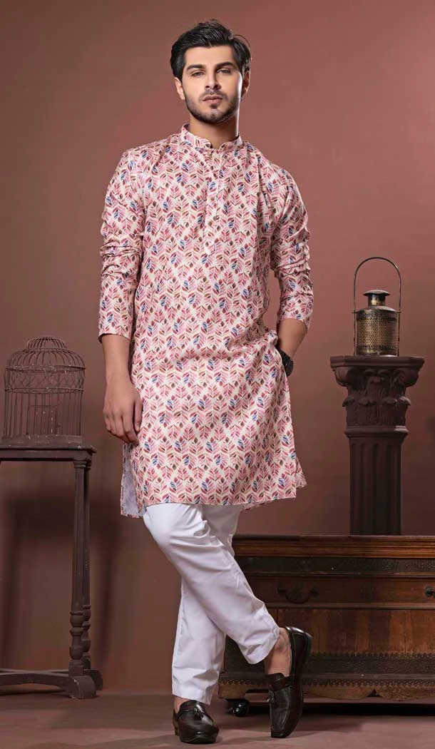 Cream Multi Color Soft Cotton Digital Print Work Party Wear Men Kurta Pajama - 11468201073