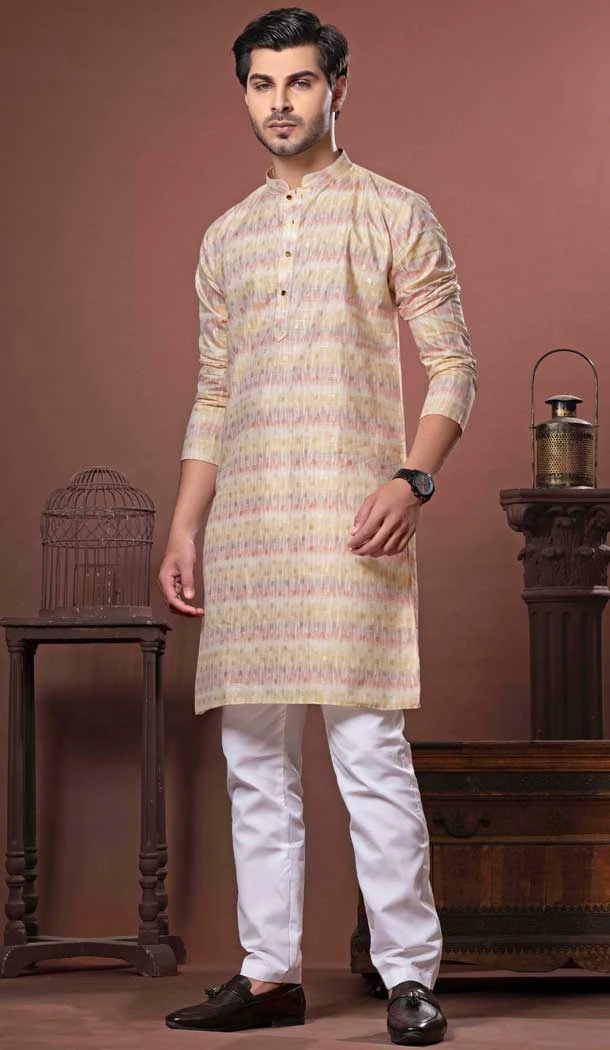 Yellow Cotton Digital Print Work Party Wear Men Kurta Pajama - 11468201074