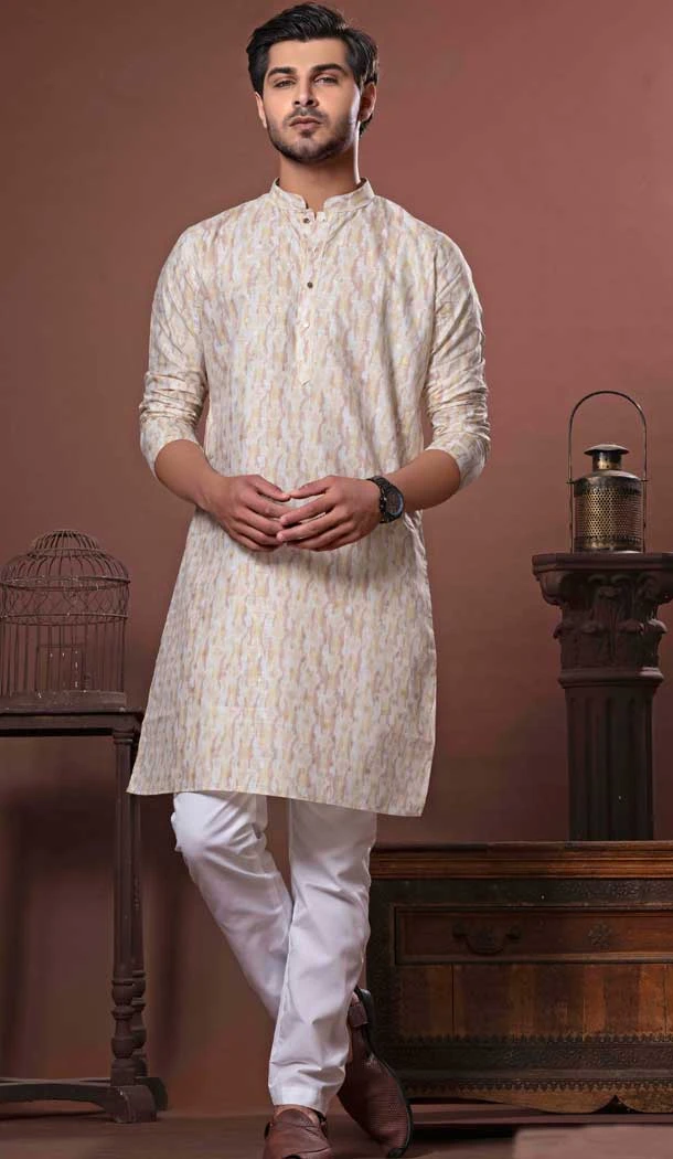 Beige Cotton Digital Print Work Party Wear Men Kurta Pajama - 11468201077