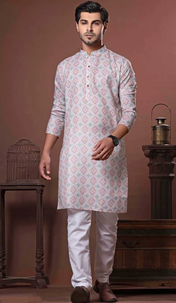 Cream Multi Color Cotton Digital Print Work Party Wear Men Kurta Pajama - 11468201078
