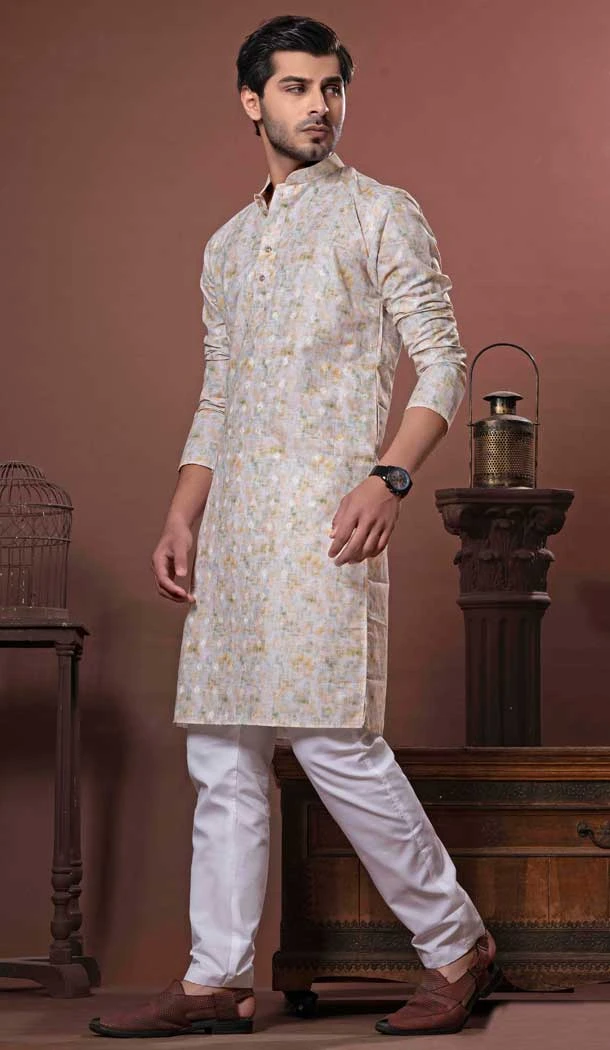 Cream Multi Color Cotton Digital Print Party Wear Men Kurta Pajama - 11468201079