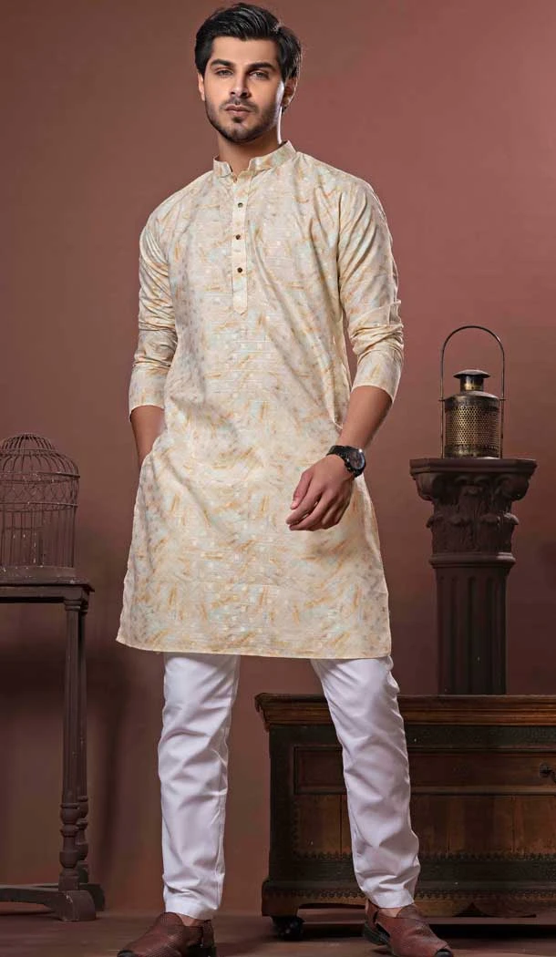 Light Yellowish Green Cotton Digital Print Work Party Wear Men Kurta Pajama - 11468201080