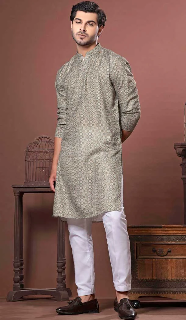 Mehendi Green Cotton Digital Print Work Party Wear Men Kurta Pajama - 11468201082